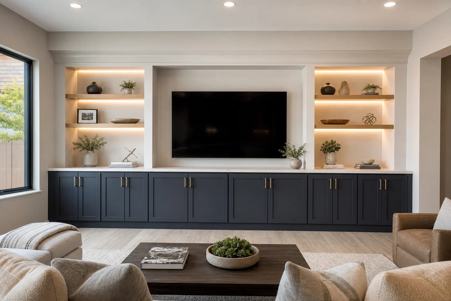 Chandler Arizona family room with storage-heavy built-in media wall, closed base cabinets, display niches, and LED shelf lighting