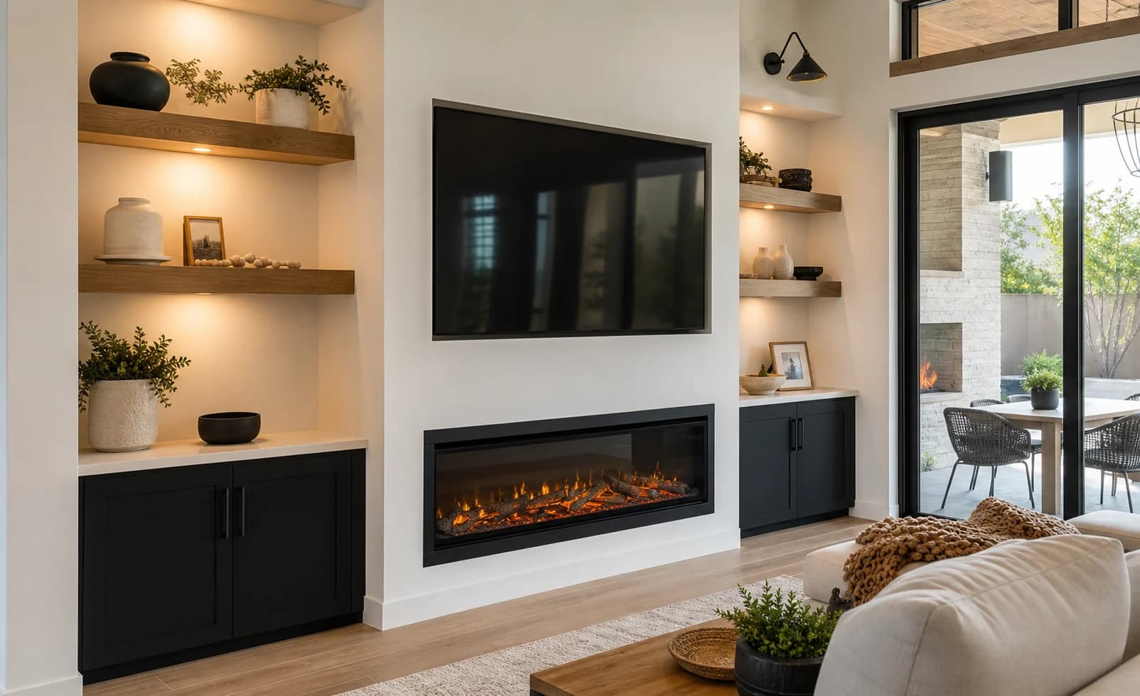 Gilbert Arizona great room with linear electric fireplace media wall, mounted TV, hidden wires, and warm floating shelves