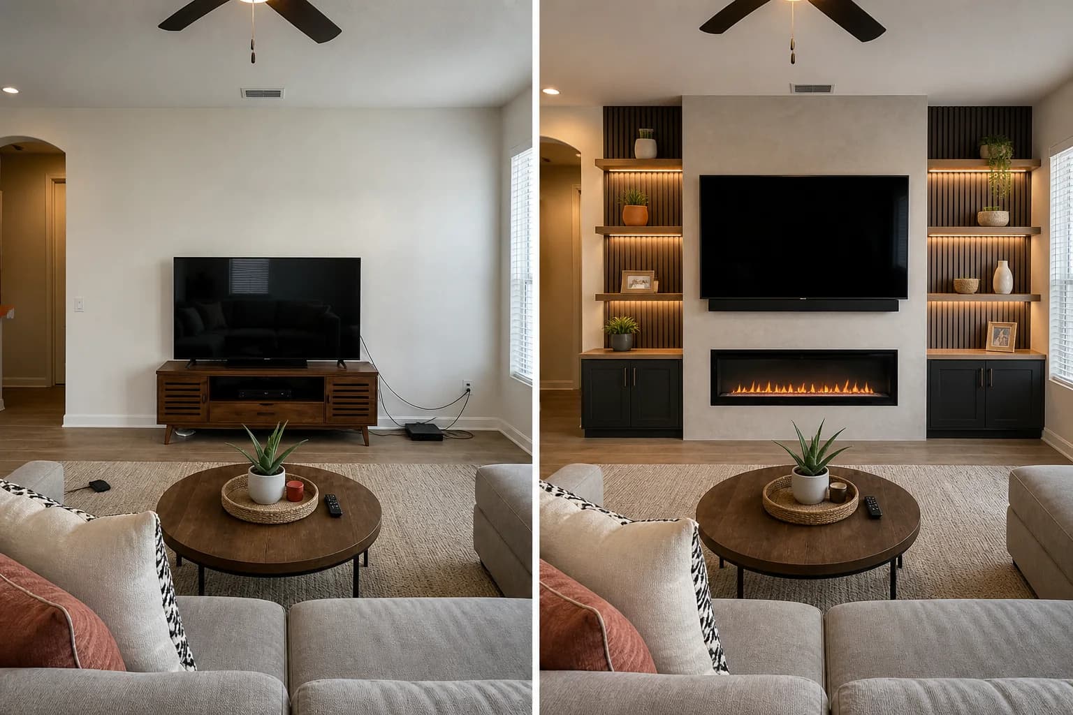 Before and after custom media wall build process in an Arizona living room