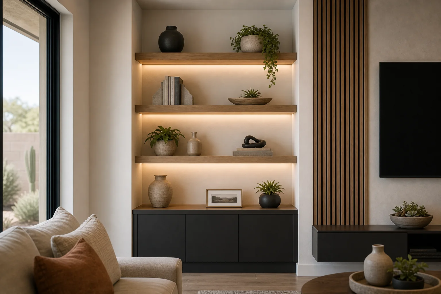 Built-in floating shelves with warm lighting and display storage around a media wall