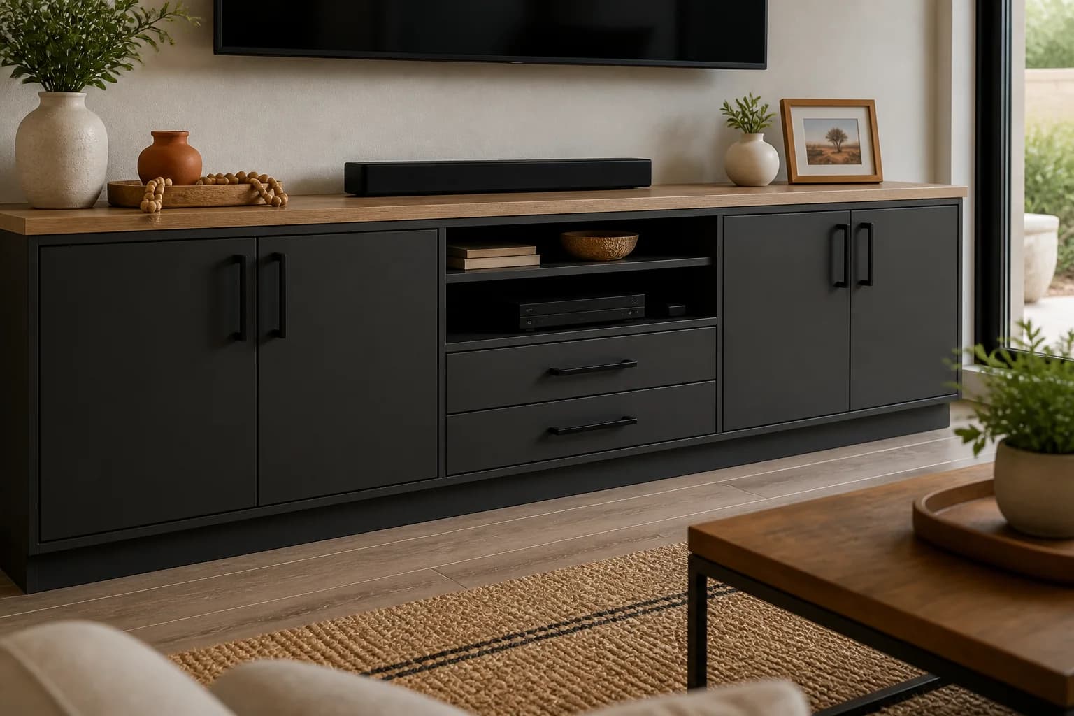 Custom lower cabinets and component storage built into a media wall