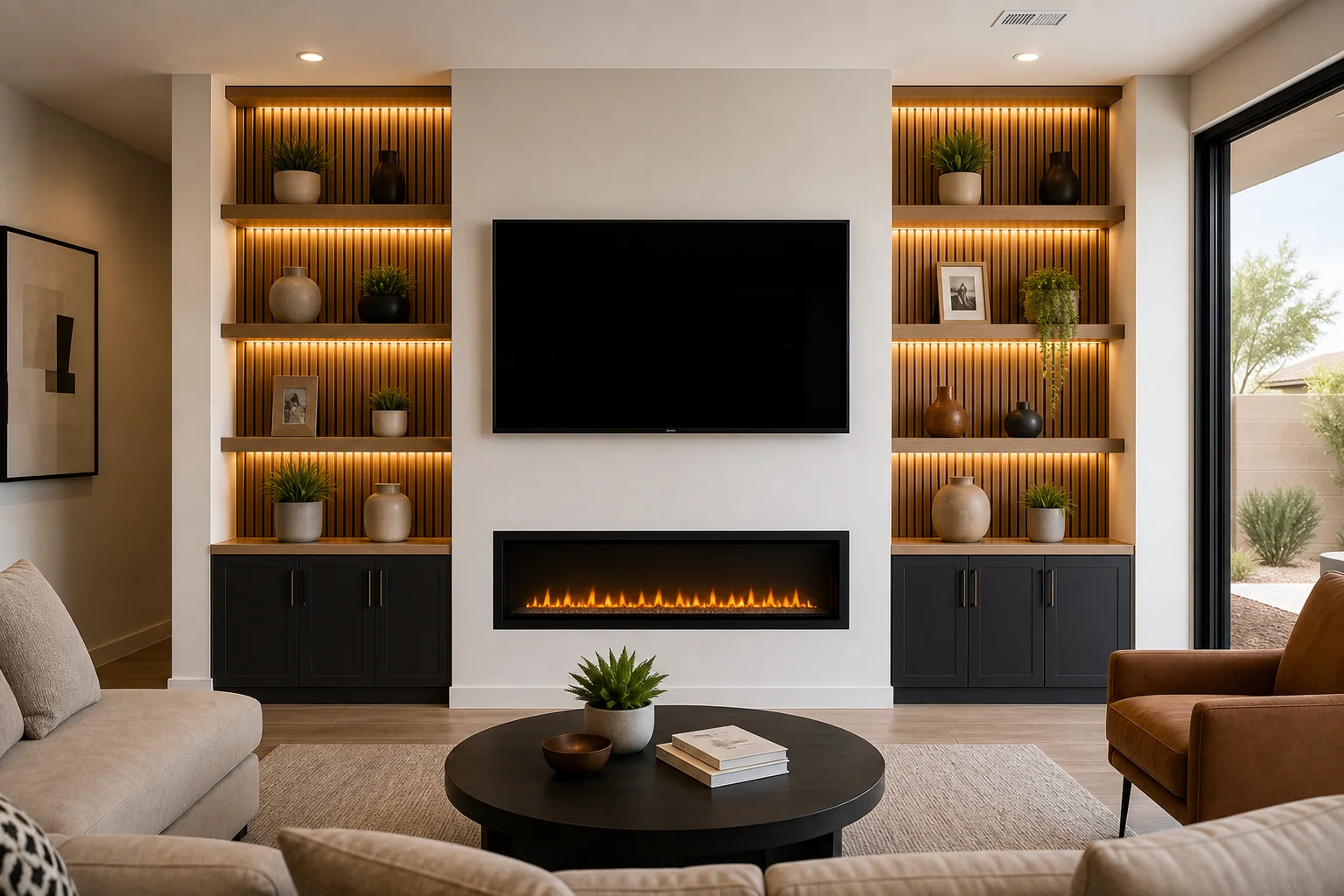Finished custom media wall with fireplace, shelving, and storage in an Arizona home