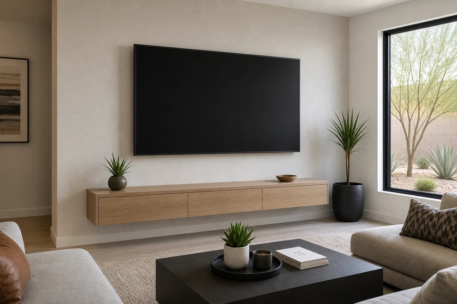Clean mounted TV with hidden wires and a slim floating console in an Arizona living room