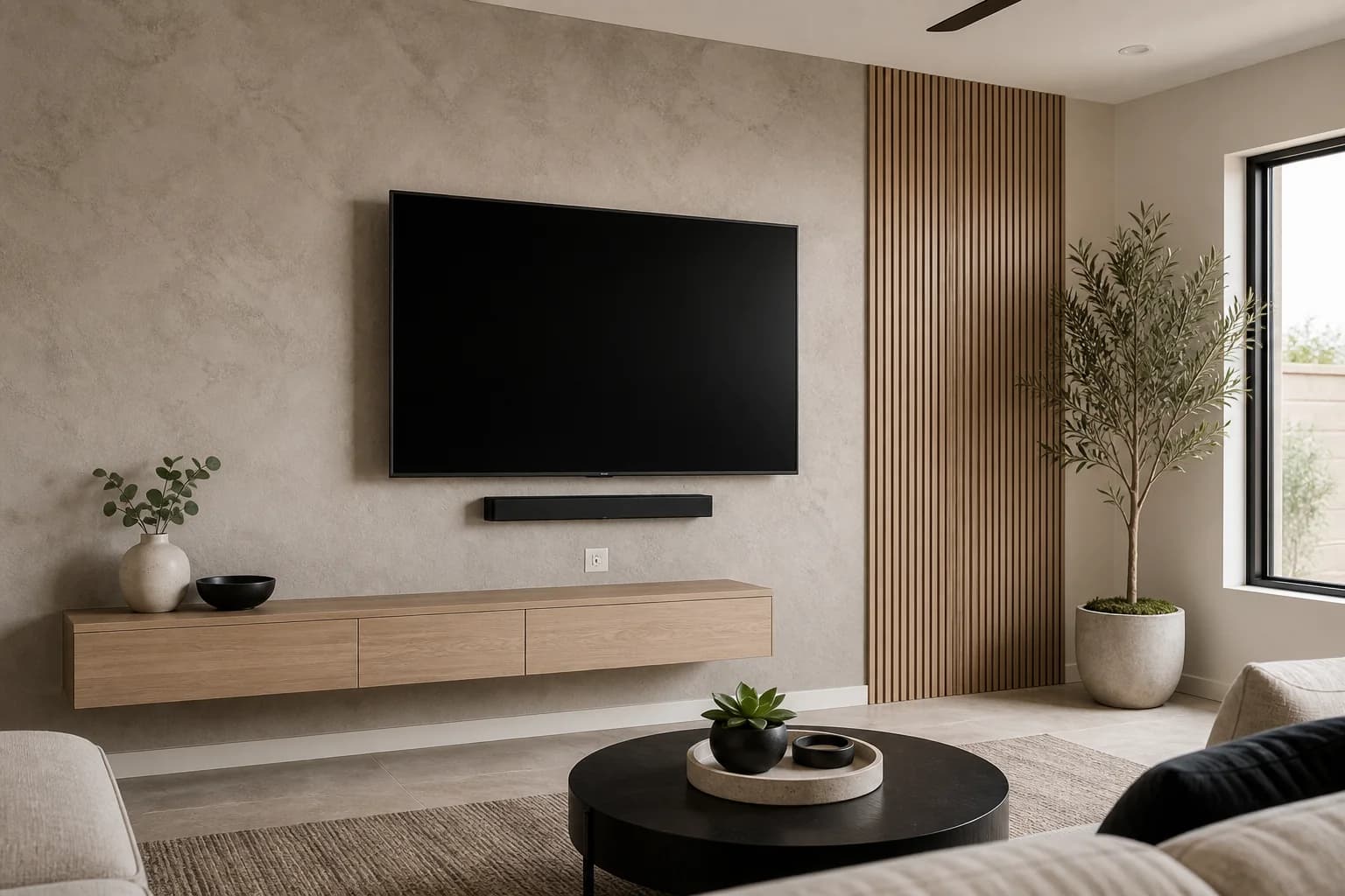 Hidden-wire TV mounting installation with a clean accent wall and recessed outlet