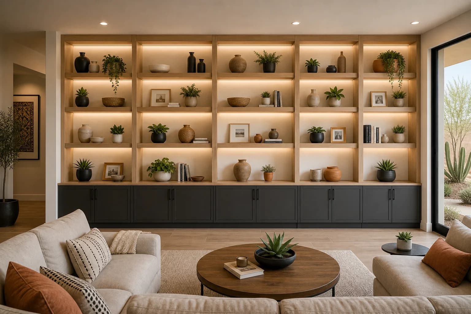 Full wall of custom built-in shelves and display niches with lighting in an Arizona family room