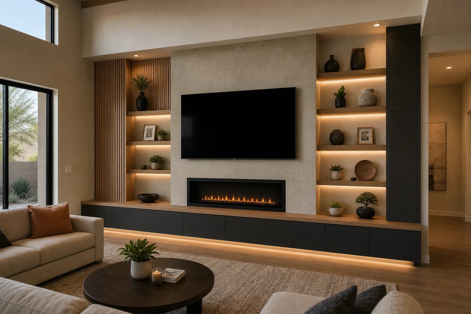 Wide custom entertainment wall with TV, fireplace, shelves, and storage in a Mesa or Gilbert style home