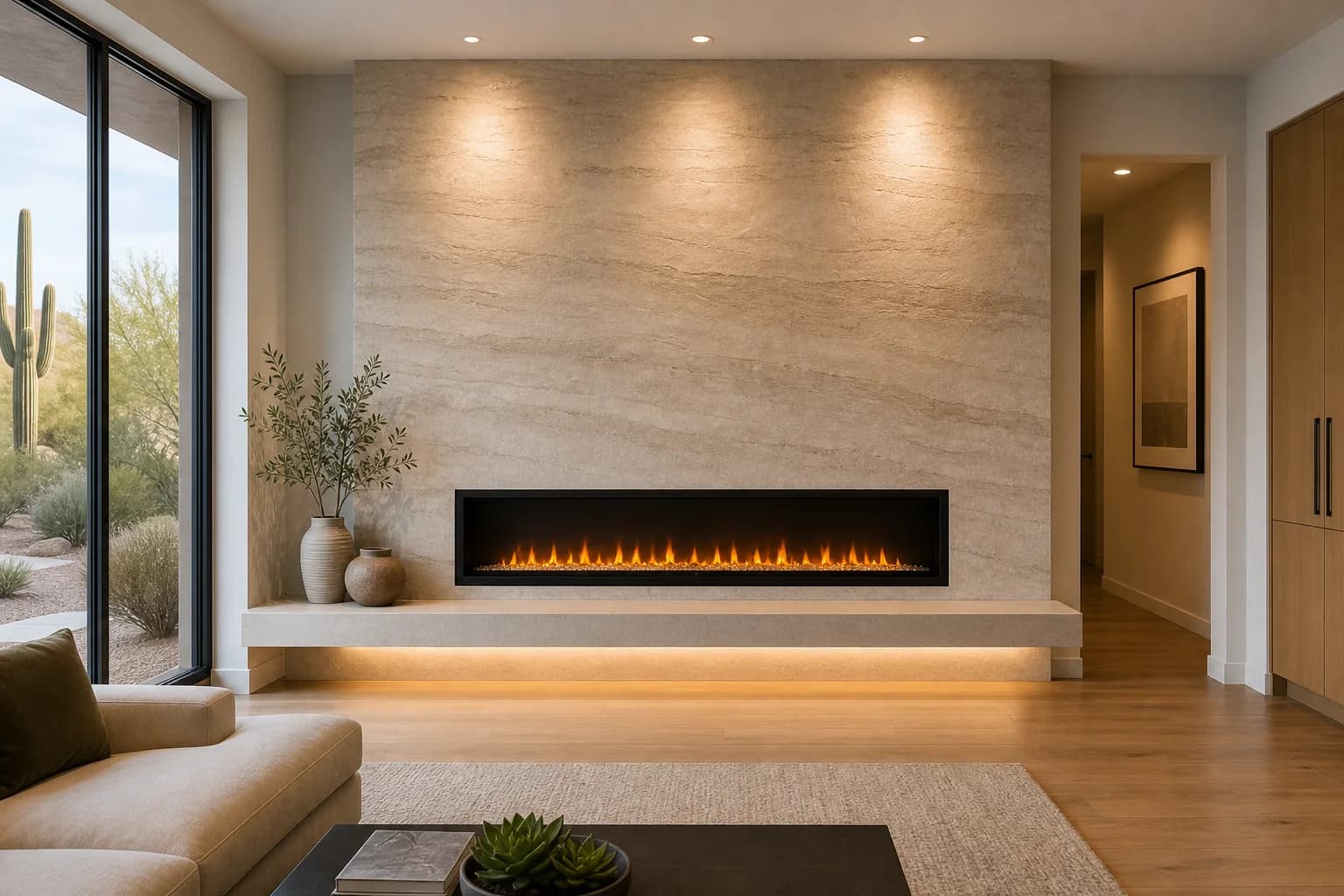 Electric fireplace accent wall with stone-look finish and natural daylight in an Arizona living room